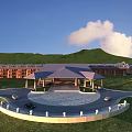 Scenic Lakeside Hotel Resort Architecture With Green Hills And Waterfront Layout