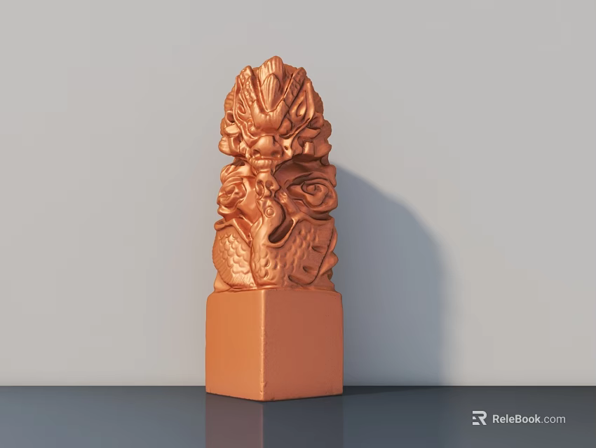 Orange Carved Dragon Sculpture With Intricate Details Square Base And Gray Background 3d model 