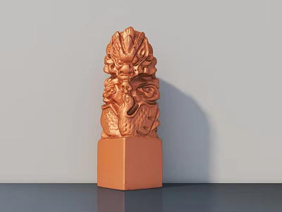 Orange Carved Dragon Sculpture With Intricate Details Square Base And Gray Background 3d model