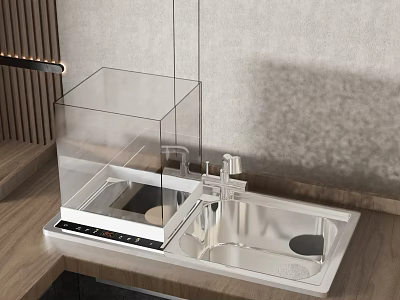Modern Public Kitchen Facility With Stainless Steel Sink And Wooden Countertop 3d model