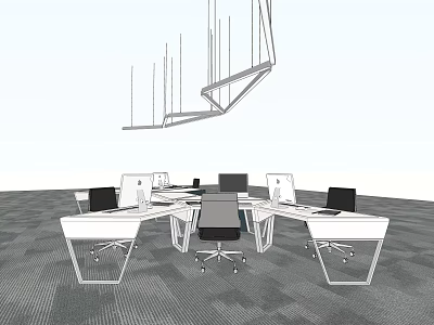 Modern Office Desks with Computers and Office Chairs in Open Workspace Layout 3d model
