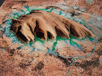 Natural Desert Landscape With Reddish Brown Rock Green Vegetation And Blue Water Channels 3d model