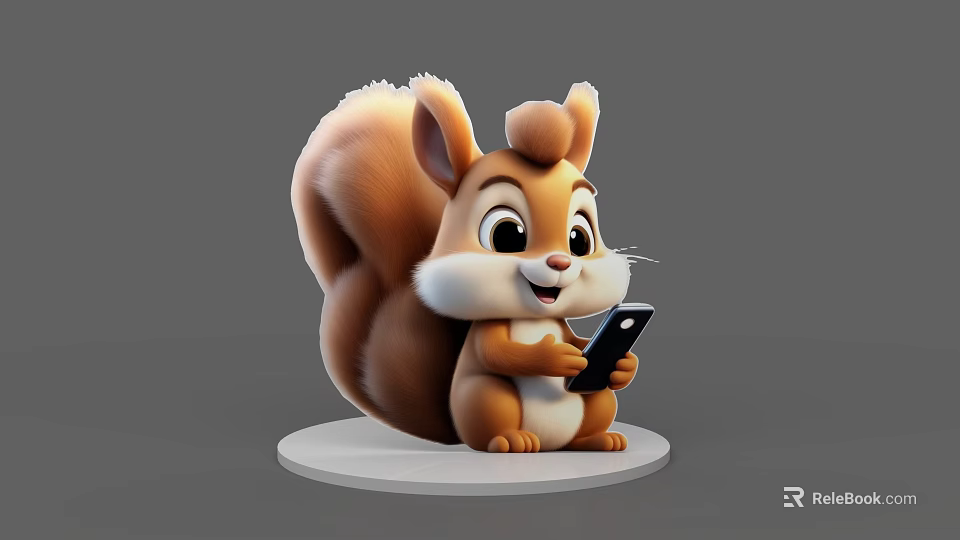 Cute Cartoon Squirrel Holding Smartphone On White Circular Base With Gray Background 3d model