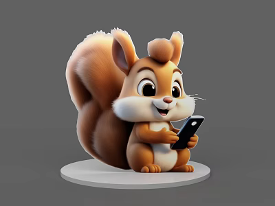 Cute Cartoon Squirrel Holding Smartphone On White Circular Base With Gray Background 3d model
