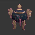 Traditional Turquoise Ornament Decoration Set With Golden Dragon Ears Patterned Lid And Three Legged Base