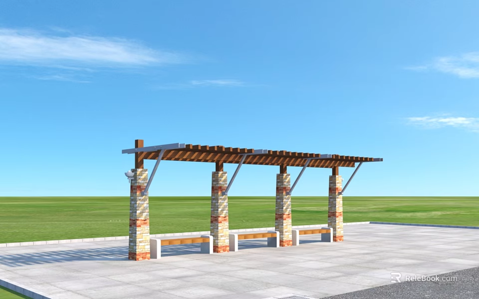 Pergola with Brick Stone Columns Wooden Roof and Benches in Outdoor Park Space 3d model 