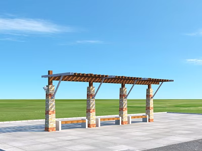 Pergola with Brick Stone Columns Wooden Roof and Benches in Outdoor Park Space 3d model