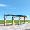 Pergola with Brick Stone Columns Wooden Roof and Benches in Outdoor Park Space
