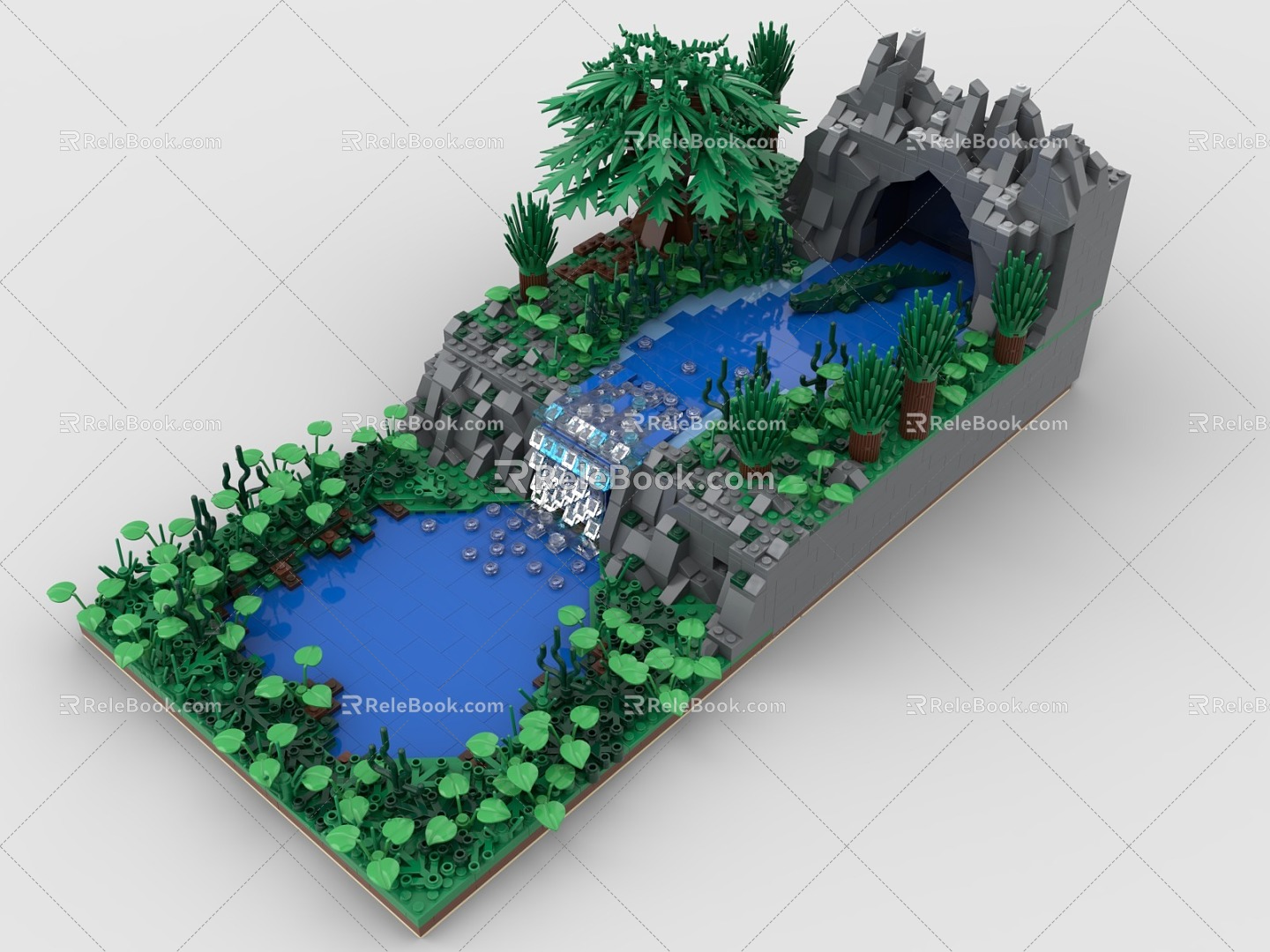 LEGO Toy Scene Forest Waterfall Creek Lake Pool Grass Plants Trees Cave Crocodile 3d model