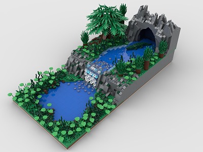 LEGO Toy Scene Forest Waterfall Creek Lake Pool Grass Plants Trees Cave Crocodile 3d model