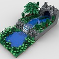 LEGO Toy Scene Forest Waterfall Creek Lake Pool Grass Plants Trees Cave Crocodile 3d model