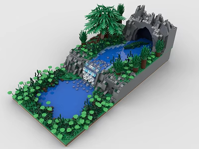Detailed Building Block Landscape With Stream Waterfall Cave Tree and Greenery 3d model