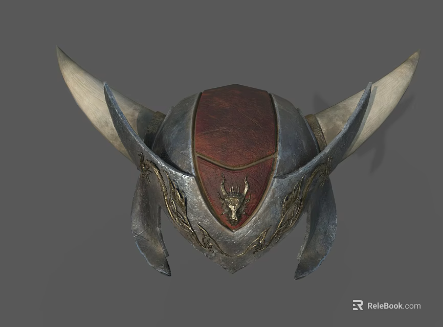 Viking Warrior Helmet With Metal Frame Leather Panel Decorative Horns And Engraved Emblem 3d model 