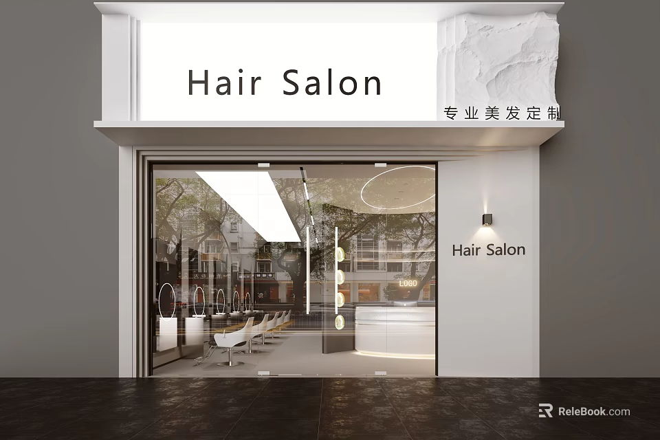 Modern Hair Salon Storefront With Glass Door Signage And Interior Chairs 3d model 