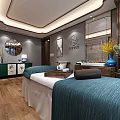 SPA Sauna Interior Design With Massage Table Wooden Furniture And Green Plants