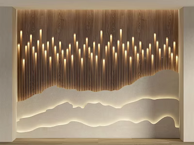 Contemporary Wooden Decorative Wall With Vertical Slats Embedded Lights And Curved Accents 3d model