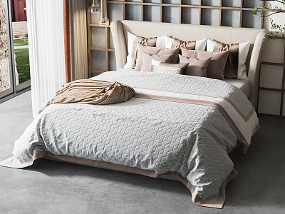 Double Bed With Gray Quilt Brown Blanket And Multiple Pillows In Cozy Modern Bedroom 3d model