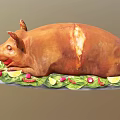 Whole Roasted Pig Garnished with Lemon Slices and Fresh Vegetables on Platter