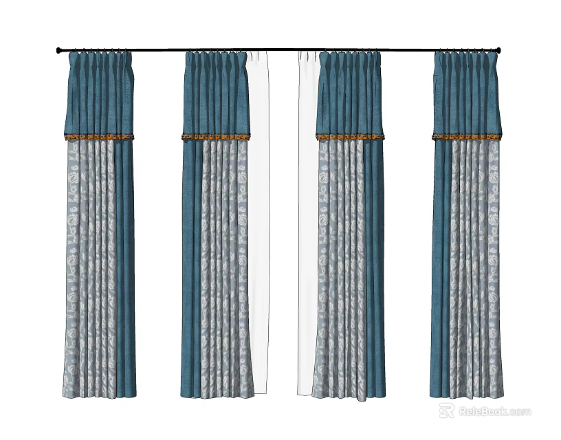 Blue Layered Curtains With Sheer Panels And Decorative Trim For Home Windows 3d model 