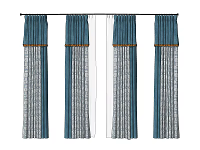 Blue Layered Curtains With Sheer Panels And Decorative Trim For Home Windows 3d model