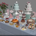 Assorted Cakes Macaron Tower Delicious Desserts On Party Display Table With Pink Balloons Rose Bouquet Glassware And Bottled Drinks