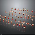 Human Figures in Red Outfits Performing Dynamic Poses in Circular Formation on Reflective Ground