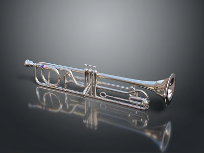 Shiny Silver Trumpet Musical Instrument On Black Background With Reflection 3d model