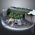 Yellow Flowers Growing in Circular Stone Planter with Soil and Broken Stones