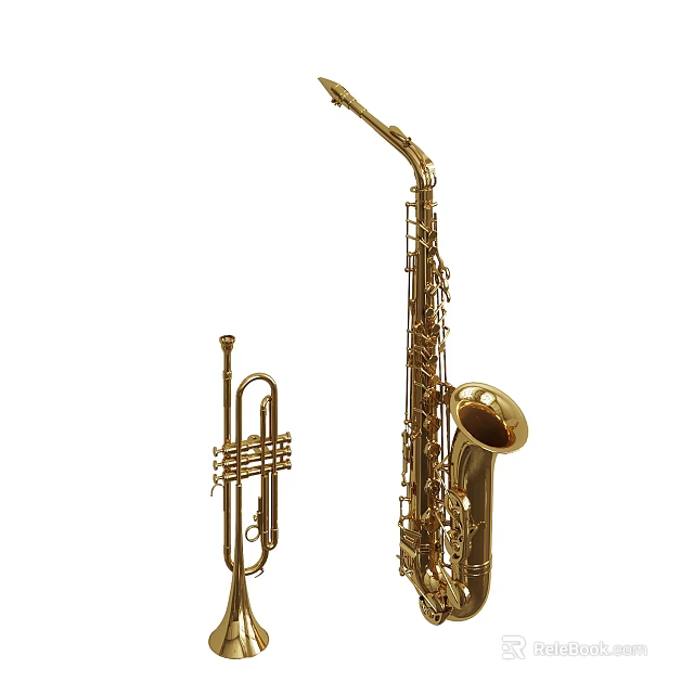 Golden Brass Musical Instruments Including Saxophone And Trumpet Display Set 3d model 