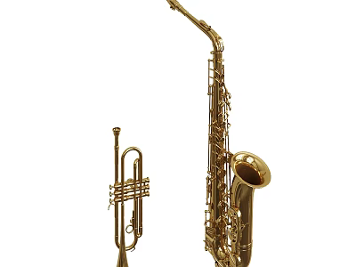 Golden Brass Musical Instruments Including Saxophone And Trumpet Display Set 3d model