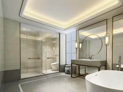 Luxurious Hotel Bathroom Interior With White Bathtub Marble Vanity Round Mirror And Glass Shower 3d model