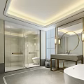Luxurious Hotel Bathroom Interior With White Bathtub Marble Vanity Round Mirror And Glass Shower