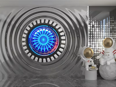 Silver Circular Luminous Background Wall With Blue Center Wavy Design And Astronaut Figurines 3d model