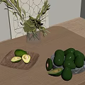 Fresh Ripe Avocados Halved and Whole on Wooden Table with Green Plant Vase