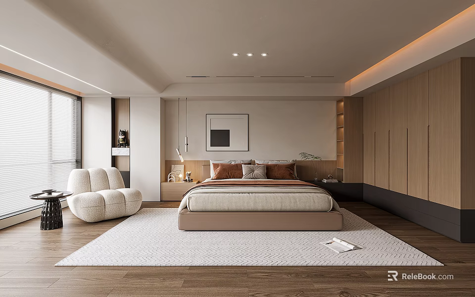 Cozy Modern Bedroom Interior With Wooden Wardrobes Accent Chair And Soft Tones Rug 3d model 