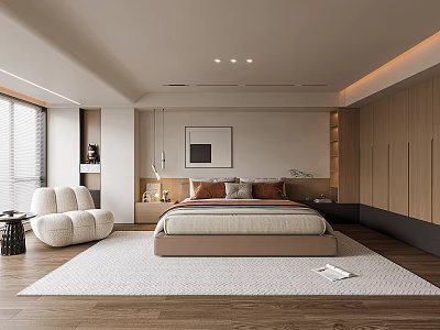 Cozy Modern Bedroom Interior With Wooden Wardrobes Accent Chair And Soft Tones Rug 3d model