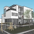 Modern Detached Villa With Large Glass Windows White Dark Exterior Lawn And Trees