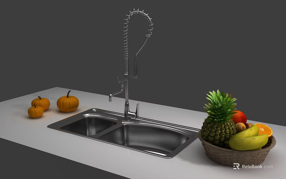 Stainless Steel Double Bowl Kitchen Sink With Pull Down Faucet And Fresh Fruits On Countertop 3d model 