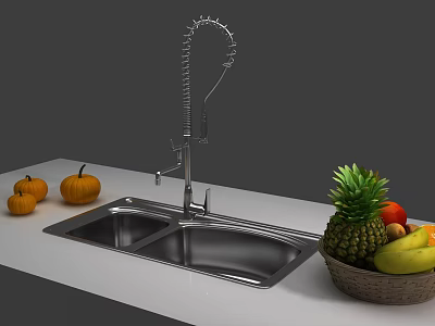Stainless Steel Double Bowl Kitchen Sink With Pull Down Faucet And Fresh Fruits On Countertop 3d model