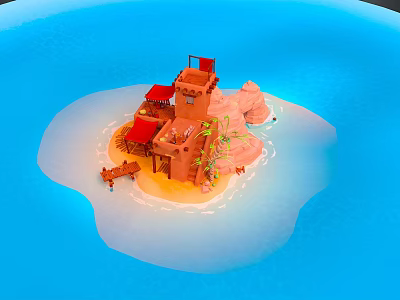 Tiny Island Scene Featuring Tower Red Roof Small Boat And Green Plants In Blue Water 3d model
