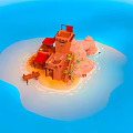 Tiny Island Scene Featuring Tower Red Roof Small Boat And Green Plants In Blue Water