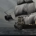 Vintage Sailing Ship With Blue Sails Sailing On Ocean Under Gray Sky