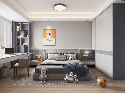 Modern Kids Bedroom Interior With Bed Study Desk And Toys 3d model