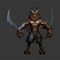 Game Fantasy Warrior Character Horned Muscular Build With Blue Scimitars And Beard