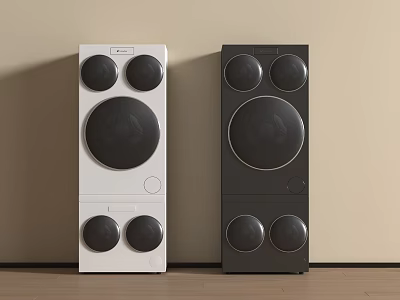 Two White And Black Washing Machines Placed Side By Side Against Wall On Wooden Floor 3d model