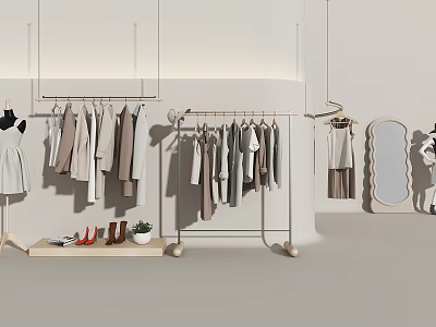 Modern Clothes Rack In Clothing Store Interior With Hanging Clothes Mirror And Shoes 3d model
