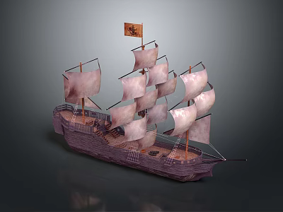 Detailed Sailing Ship Model With Multiple White Sails Wooden Hull And Pirate Flag 3d model