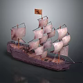 Detailed Sailing Ship Model With Multiple White Sails Wooden Hull And Pirate Flag