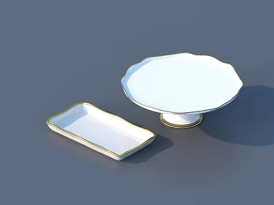 Elegant White Dinnerware Set with Gold Rim Featuring Pedestal Plate and Rectangular Tray 3d model