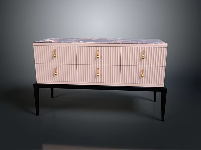 Pink Vertical Striped Cabinet With Marble Top And Gold Handles On Black Legs 3d model
